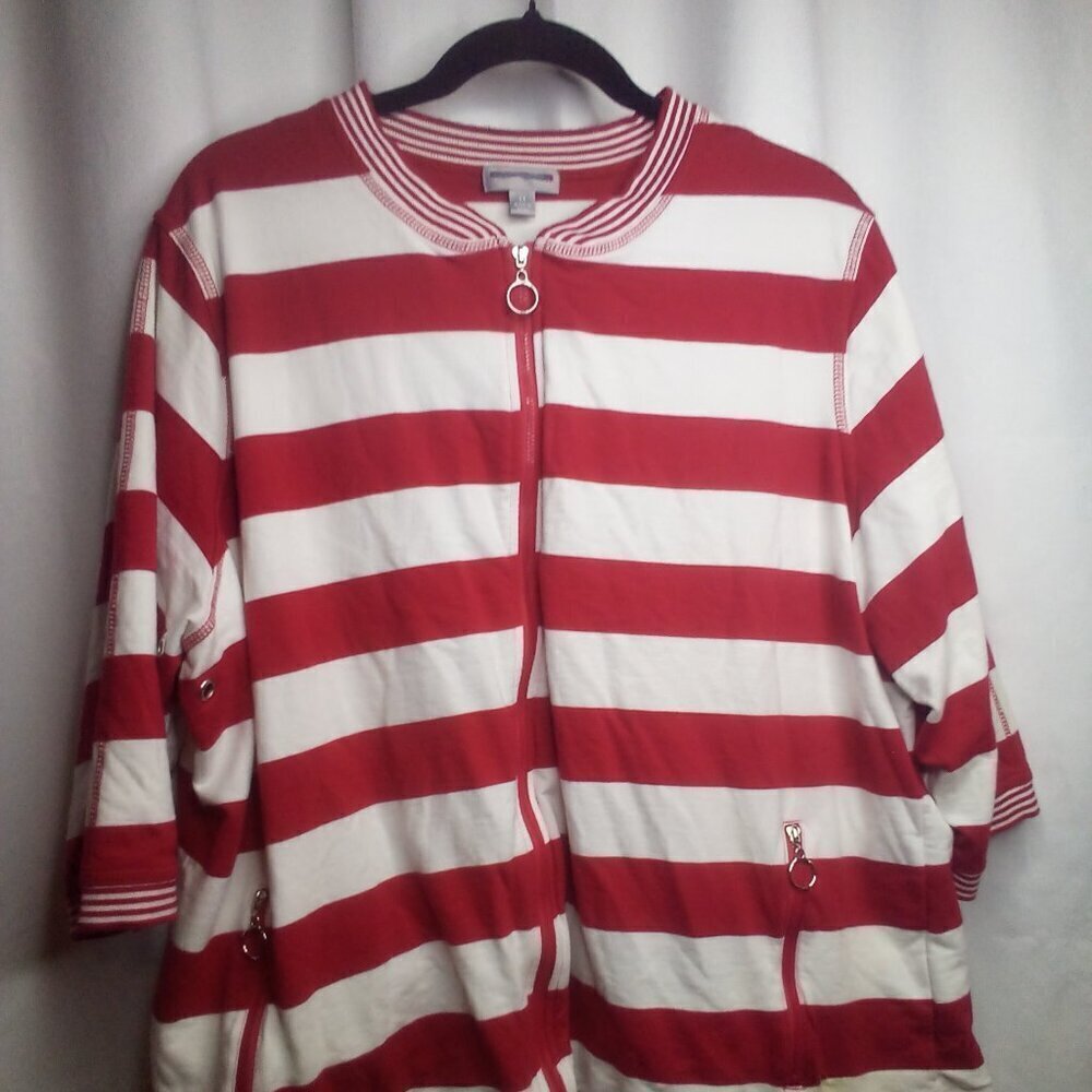 Sport Savvy Jacket 2X Full Zip 3/4 Sleeve Zipper Pockets Stripe Red White